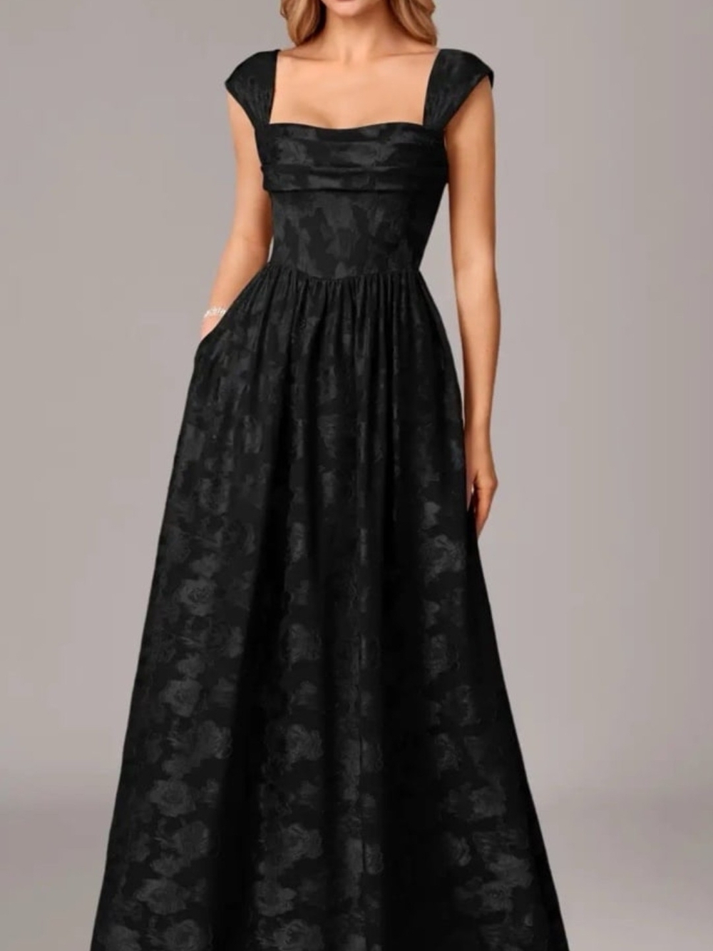 Azazie Hazel Black Jacquard Square-Neck Maxi Dress Size 4 Nwt